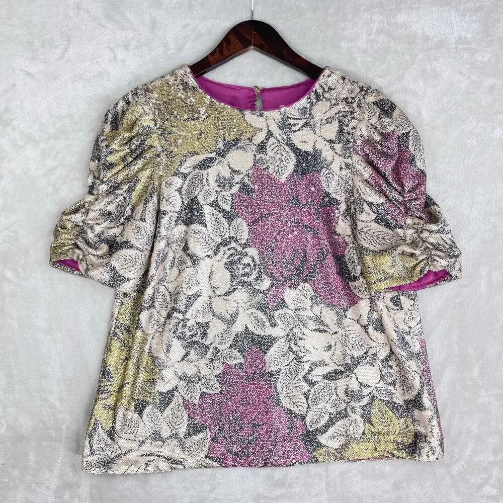 Anthropologie Marie Floral Sequin Top Pink Size 2 Puff Slve Night Luxe Coquette